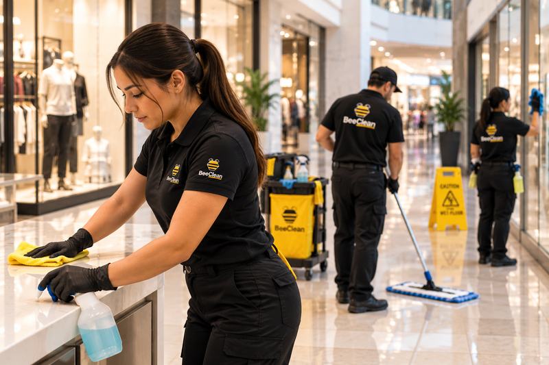 Personal de limpieza trabajando en un mostrador y en los pasillos de un centro comercial