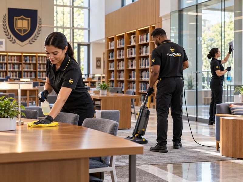Personal de limpieza trabajando en las mesas, el piso y los ventanales de la biblioteca de un colegio